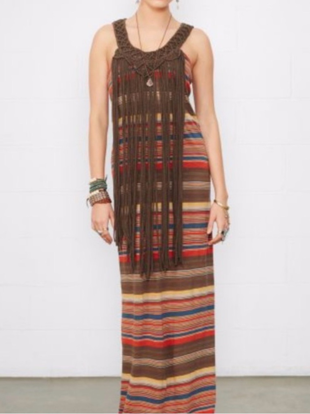 Ralph Lauren Boho Denim & Supply Crochet Halter Fringe Striped Maxi Dress